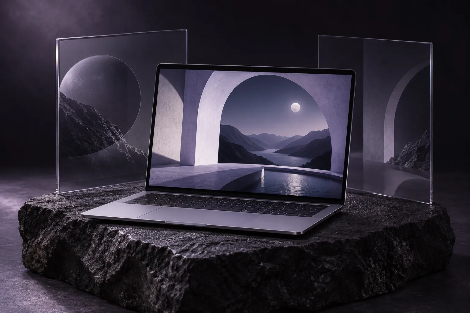 Ein Laptop mit einer digitalen Architekturwelt in sanftem Lavendellicht