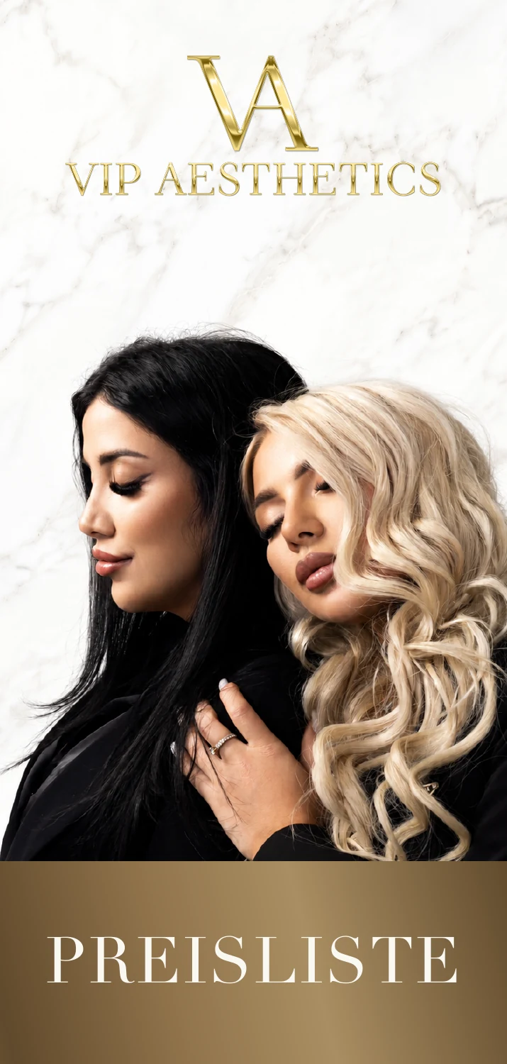 VIP AESTHETICS: Titelseite der Preisliste mit goldenem Logo und zwei Frauen