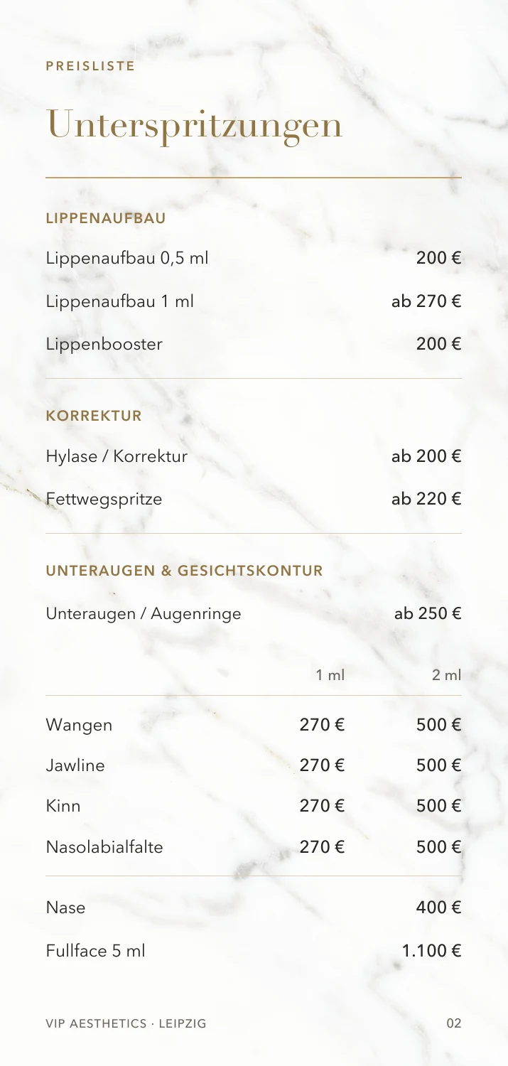 VIP AESTHETICS: linke Innenseite mit der Preisliste für Unterspritzungen