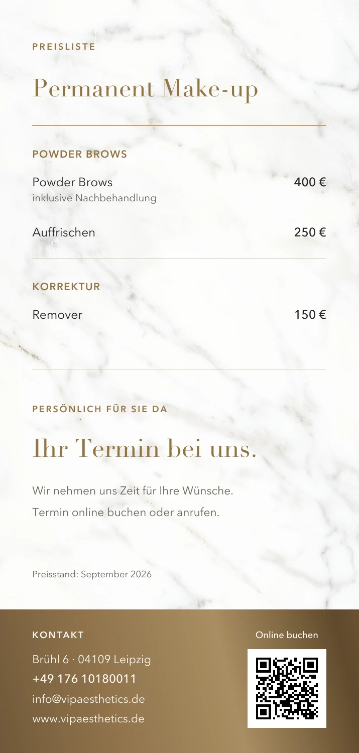 VIP AESTHETICS: Rückseite mit Permanent Make-up, Kontakt und Buchungs-QR-Code