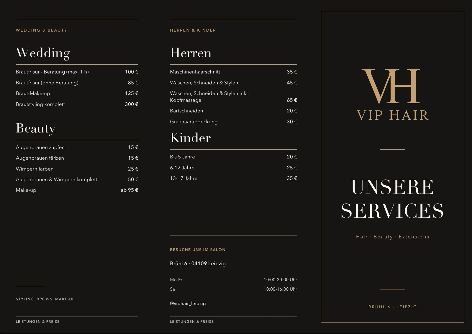VIP HAIR: Rückseite mit Herren- und Kinderleistungen sowie Salonkontakt