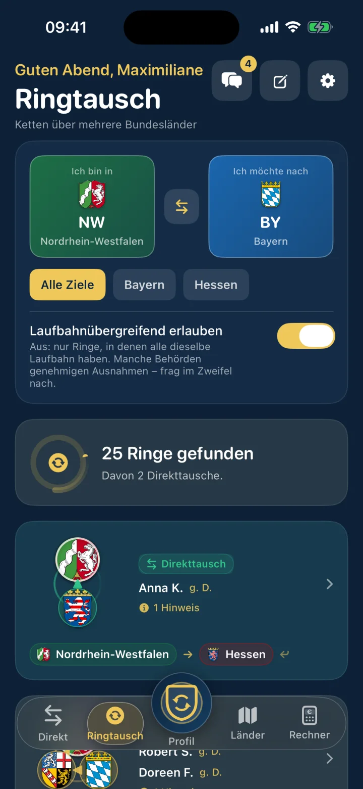 TauschRevier Ringtausch-Ansicht mit Tauschketten über mehrere Bundesländer.