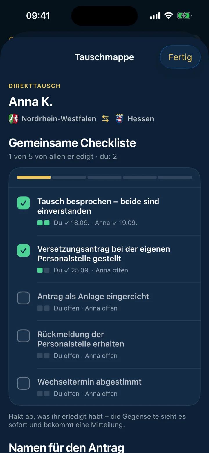 TauschRevier Tauschmappe mit gemeinsamer Checkliste und Fortschritt bis zum Wechseltermin.